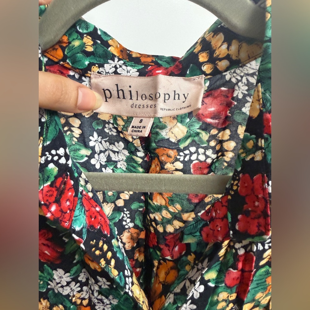 Philosophy Green Floral Maxi dress button down with Red & Yellow Blooms M/L - Picture 3 of 6